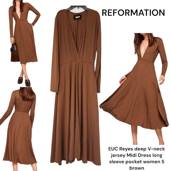 Reformation Dresses & Skirts - Reformation Reyes deep V-neck jersey Midi Dress long sleeve pocket women S brown